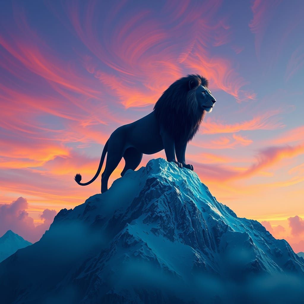 Regal Lion Silhouette on Snowy Mountain Peak