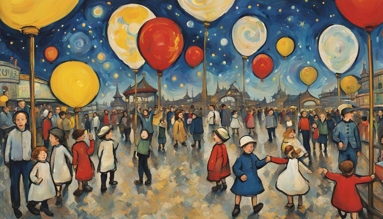 Children Laugh and Play in Whimsical Amusement Park at Night