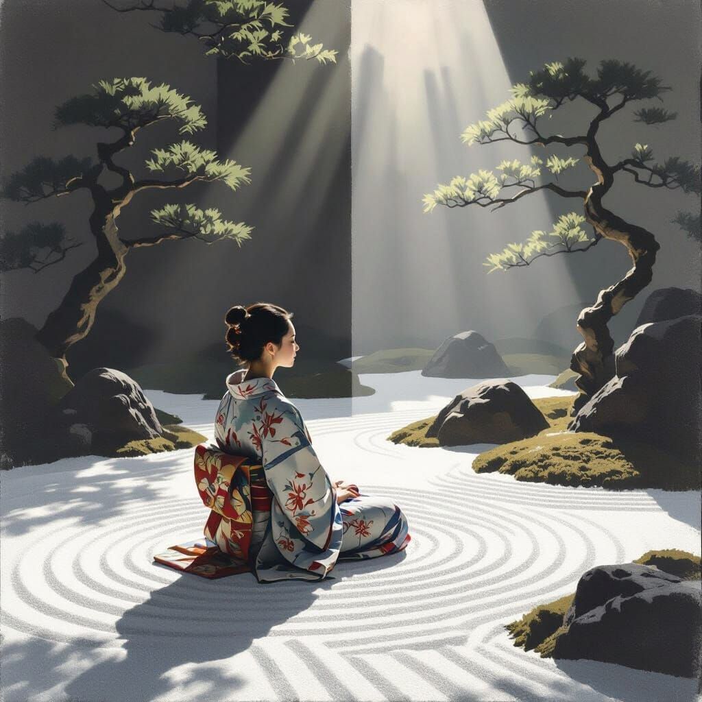 Zen Garden Woman in Japanese Ink Wash Style