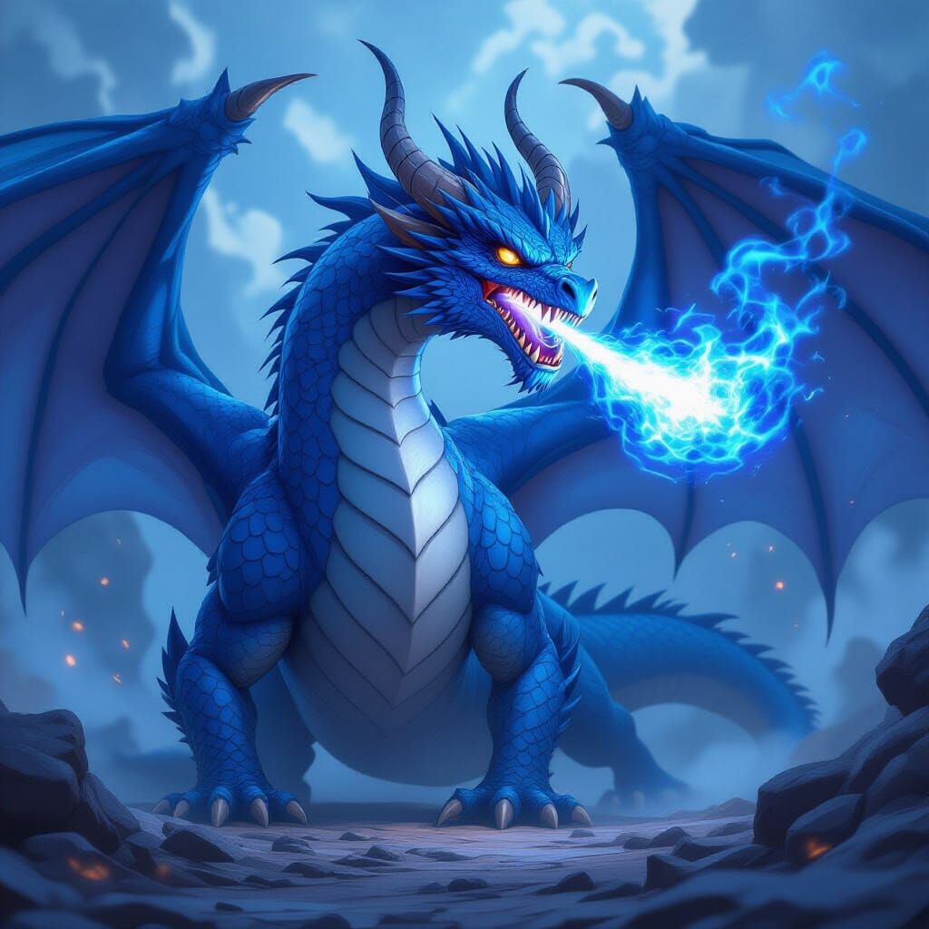 Blue Dragon Breathing Fire in Arcane Art Style