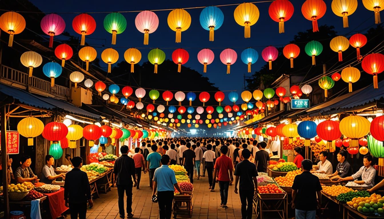 Vietnamese Night Market Scene Under Moonlight