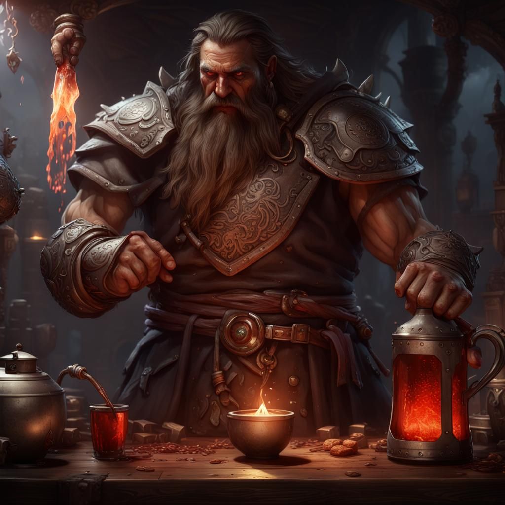 Berserkers Observe Potion Brewing: Dark Fantasy Art