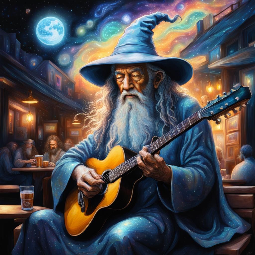 Gandalf Plays Blues Guitar: Astral Cosmic Illustration