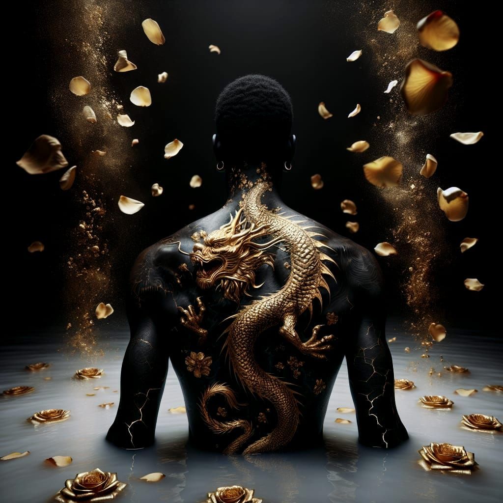 Hyperrealistic Tattooed Man in Water with Golden Dragon
