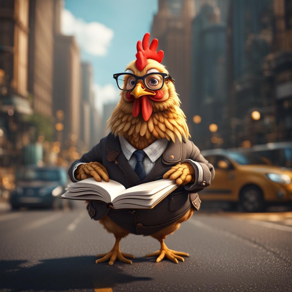 Hilarious Chicken Investigates Road Crossing, Detailed Digit...
