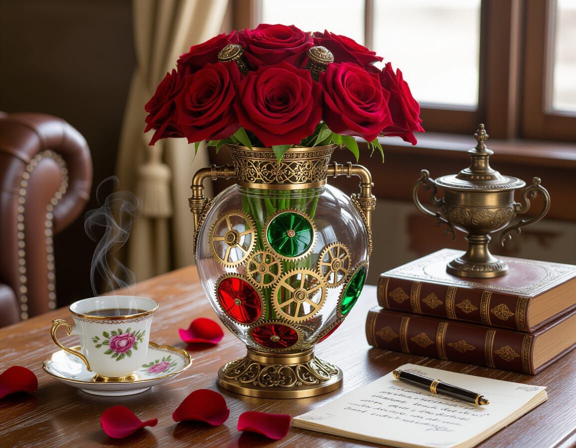 Steampunk Glass Vase with Roses and Mechanical Details