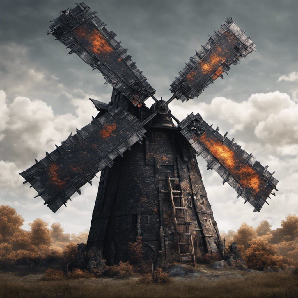 Elaborate Black Stone Windmill in Hyperrealism