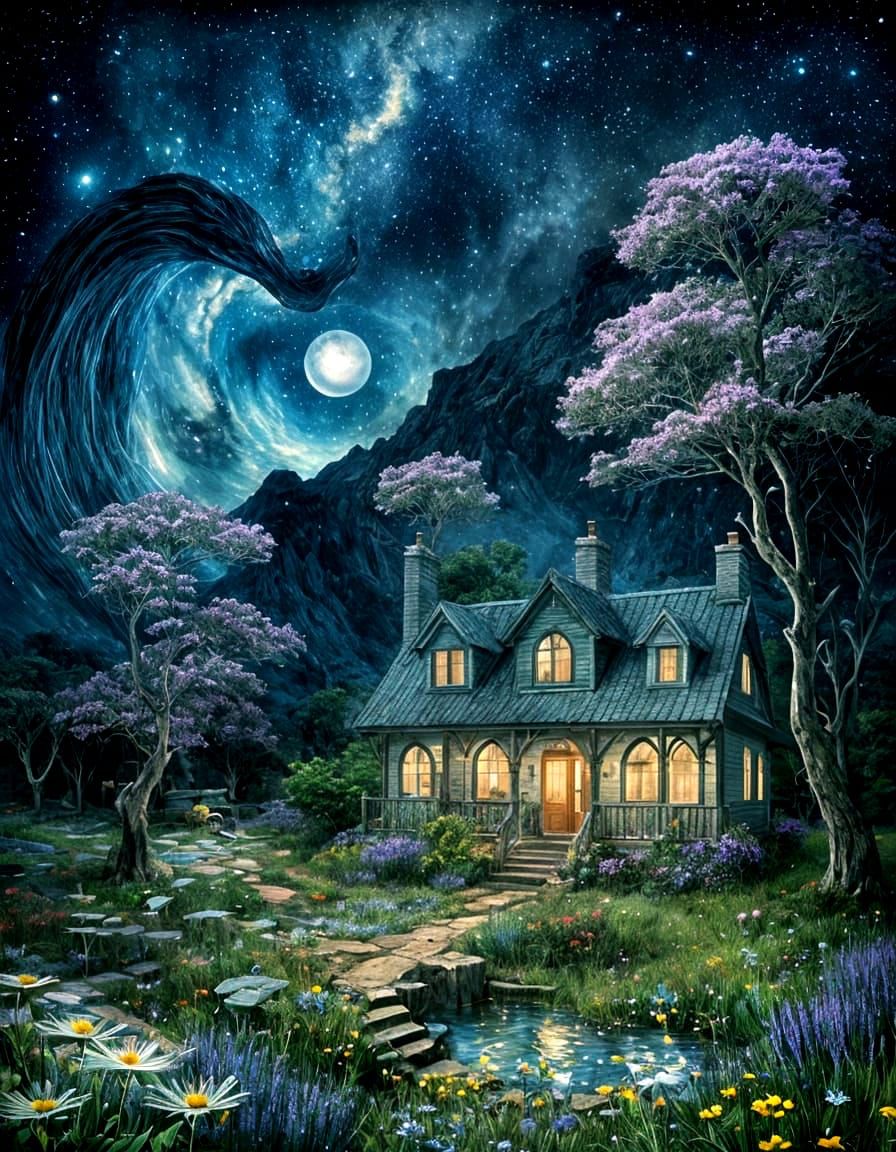 Whimsical Victorian Cottage in Surreal Flower Meadow