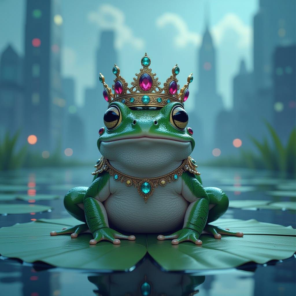 Frog King on Lily Pad in Futuristic City