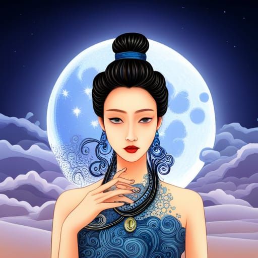 Blue Chinese Woman with Crescent Moon Illustration