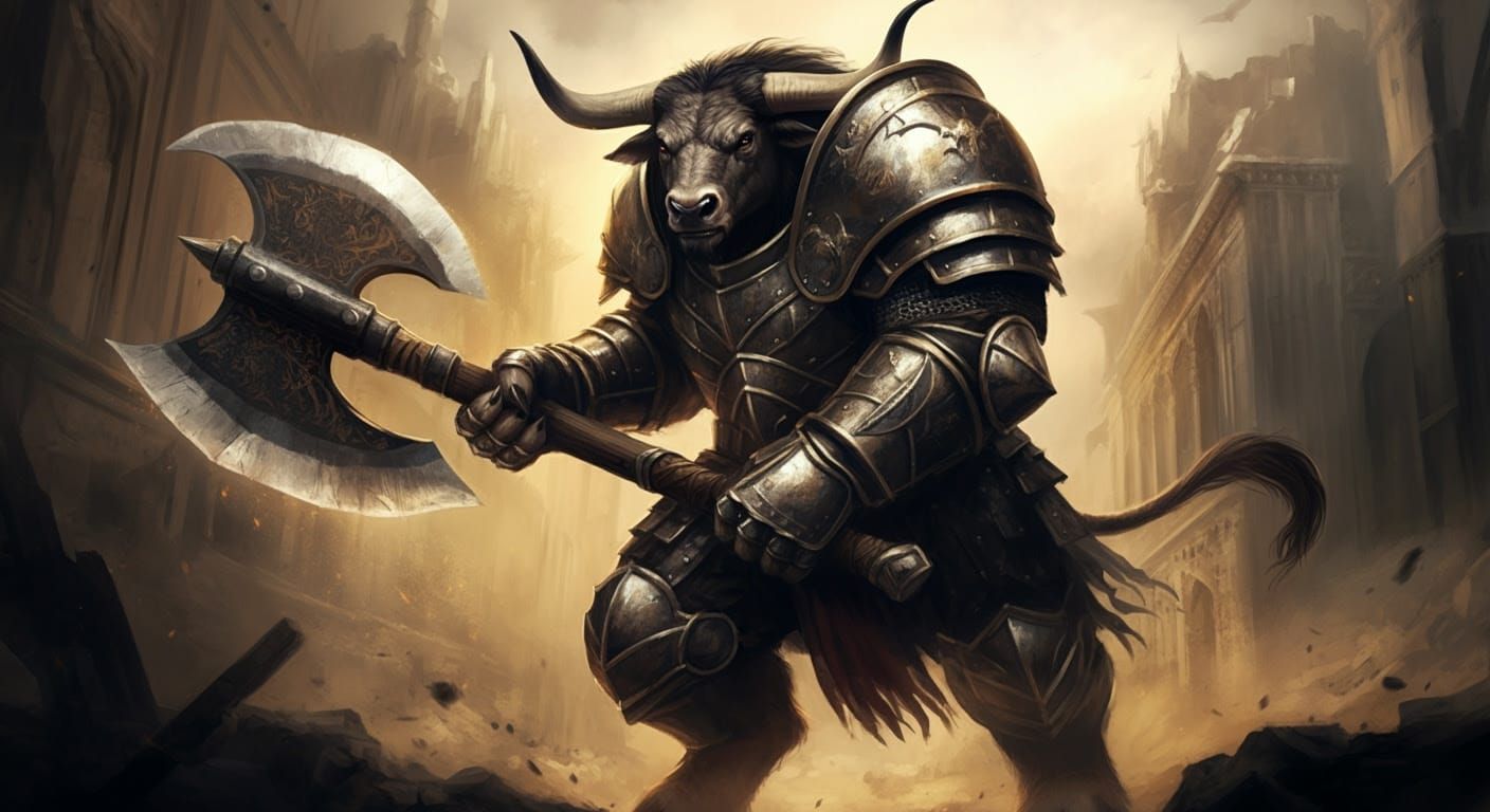 Minotaur Wears Iron Armor, Swings Battle Axe in Ruined City