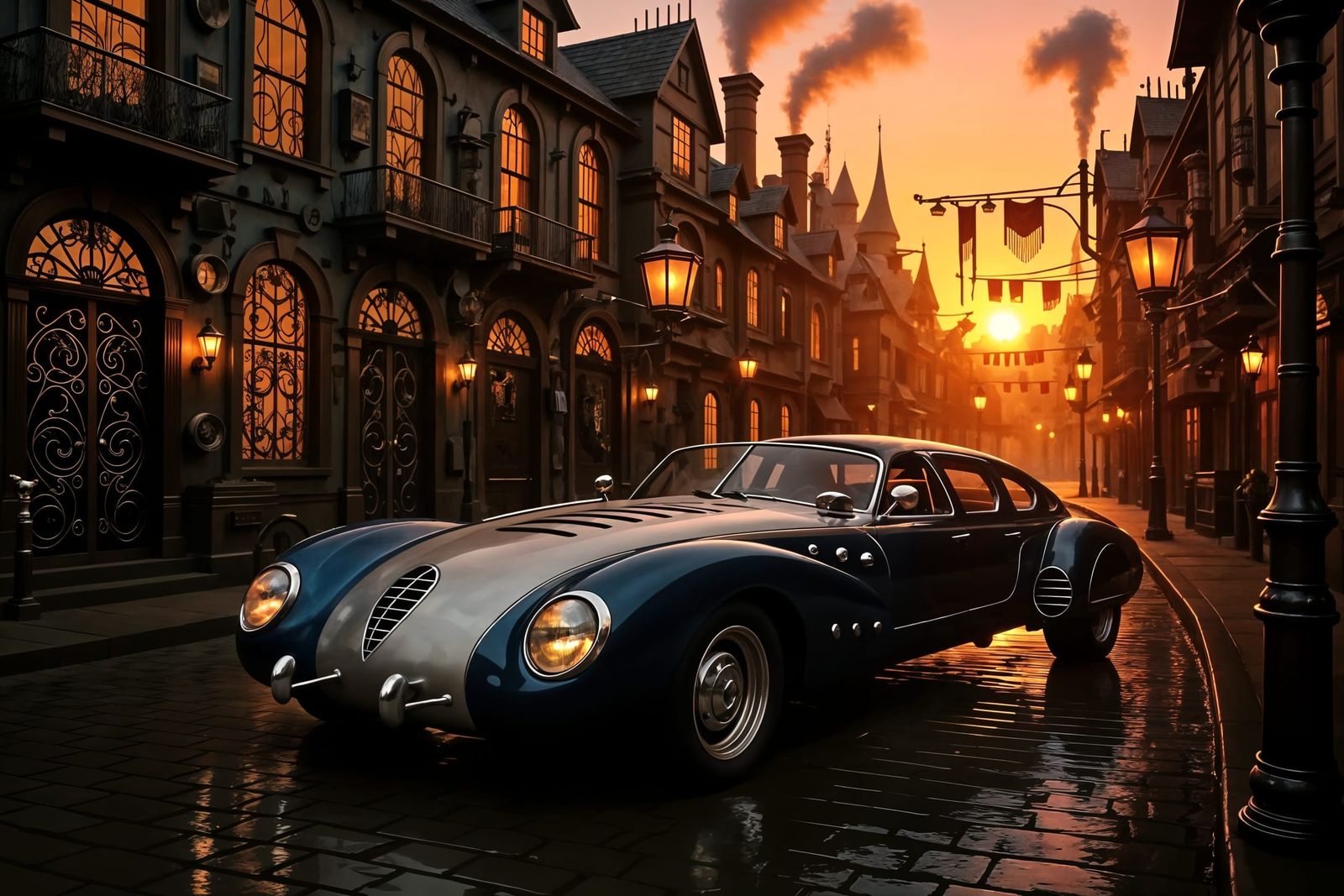 Vintage Landaulet Car at a Wet Sunset