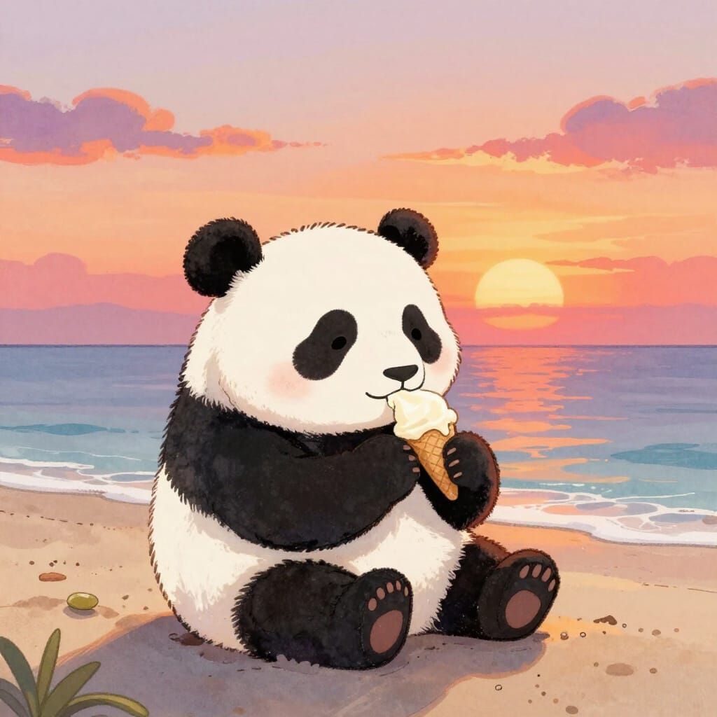 Cute Panda Enjoys Ice Cream on Beach at Sunset