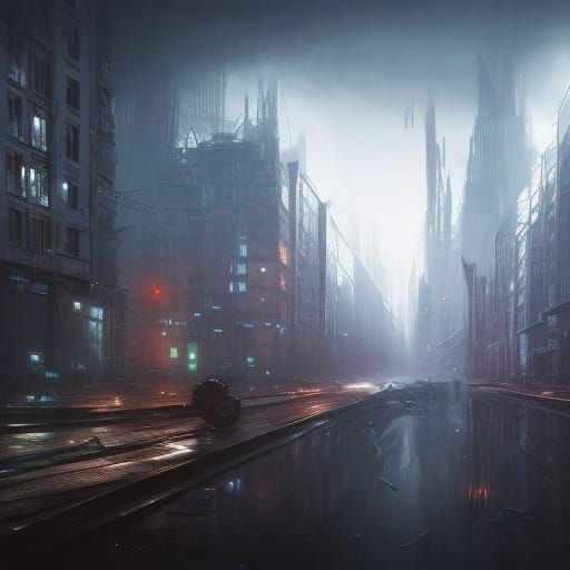 Decaying Technoir City Reflected in Shadows