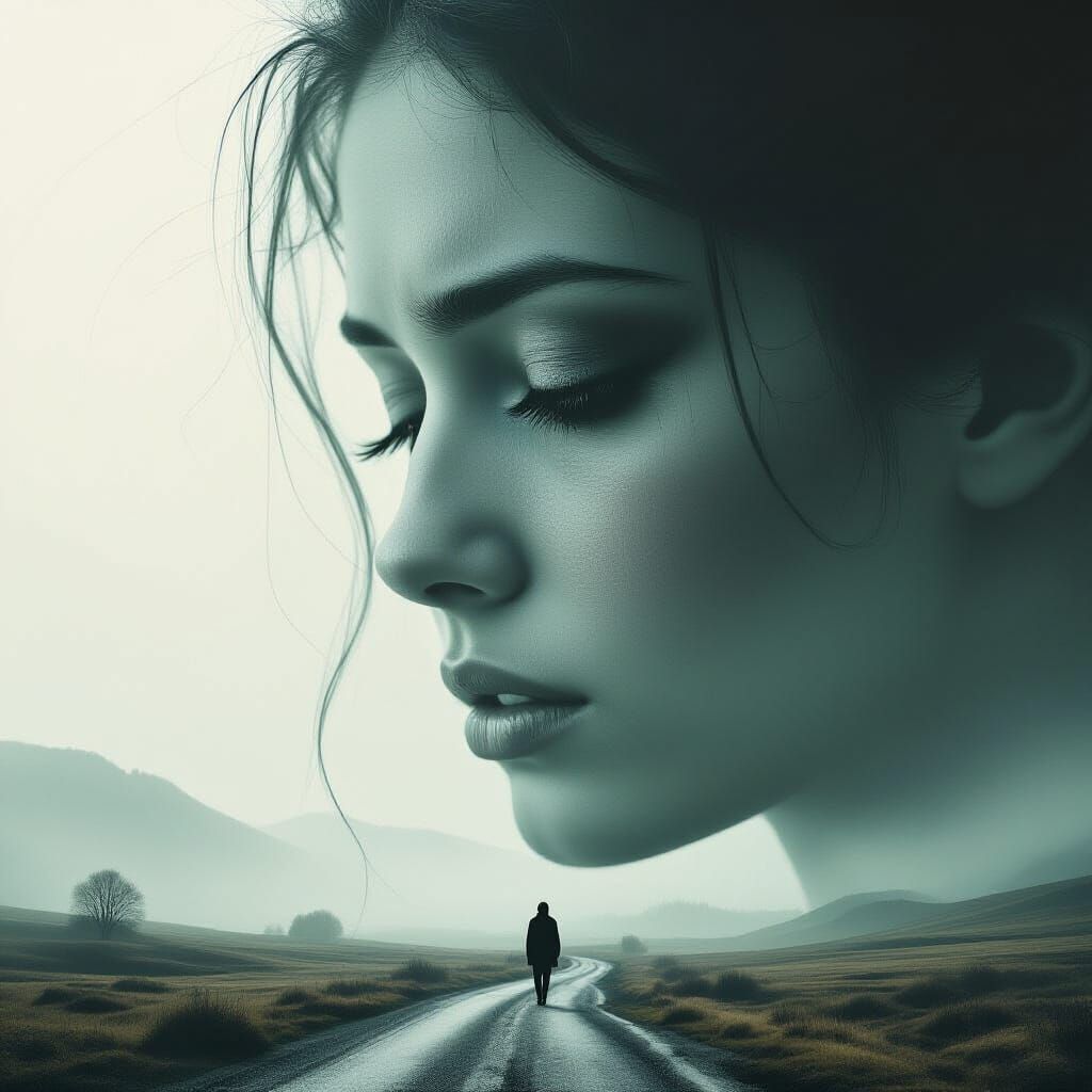 Ethereal Woman Face Merging with Empty Landscape