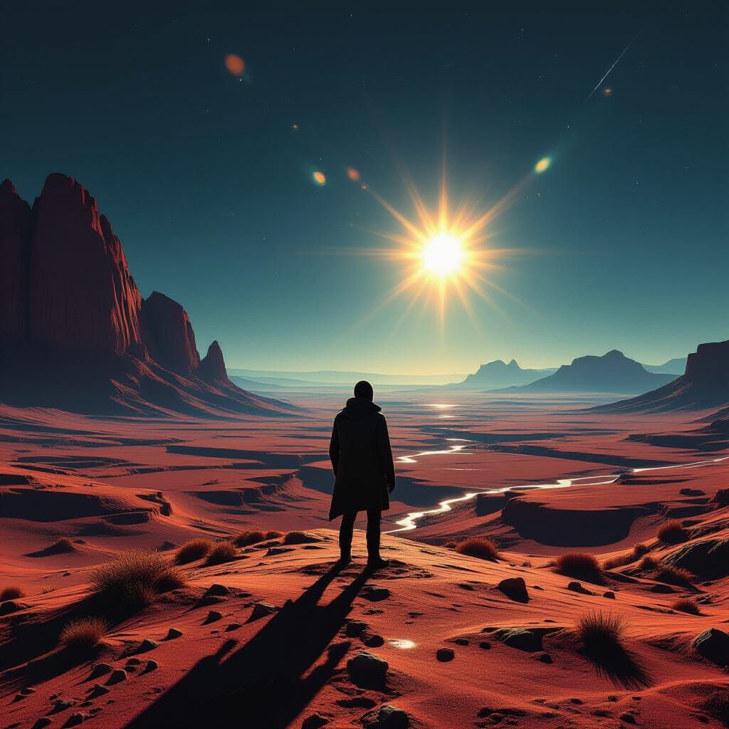 Solitary Figure on Alien Precipice Cinematic Portrait