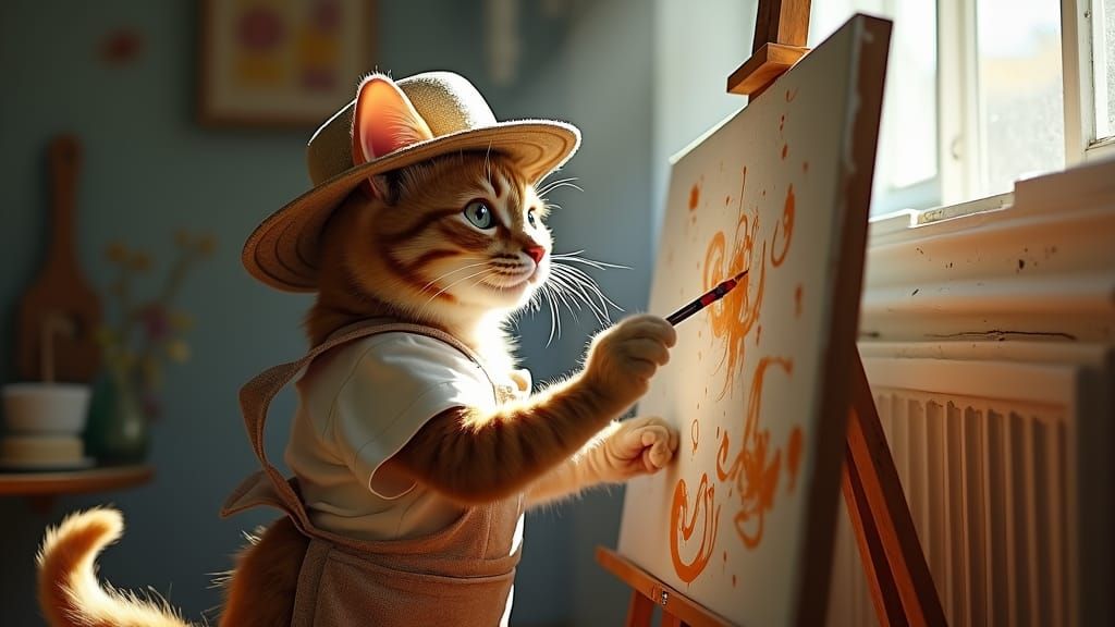 Cat Painter in Cozy Studio: Avant-Garde Indie Art