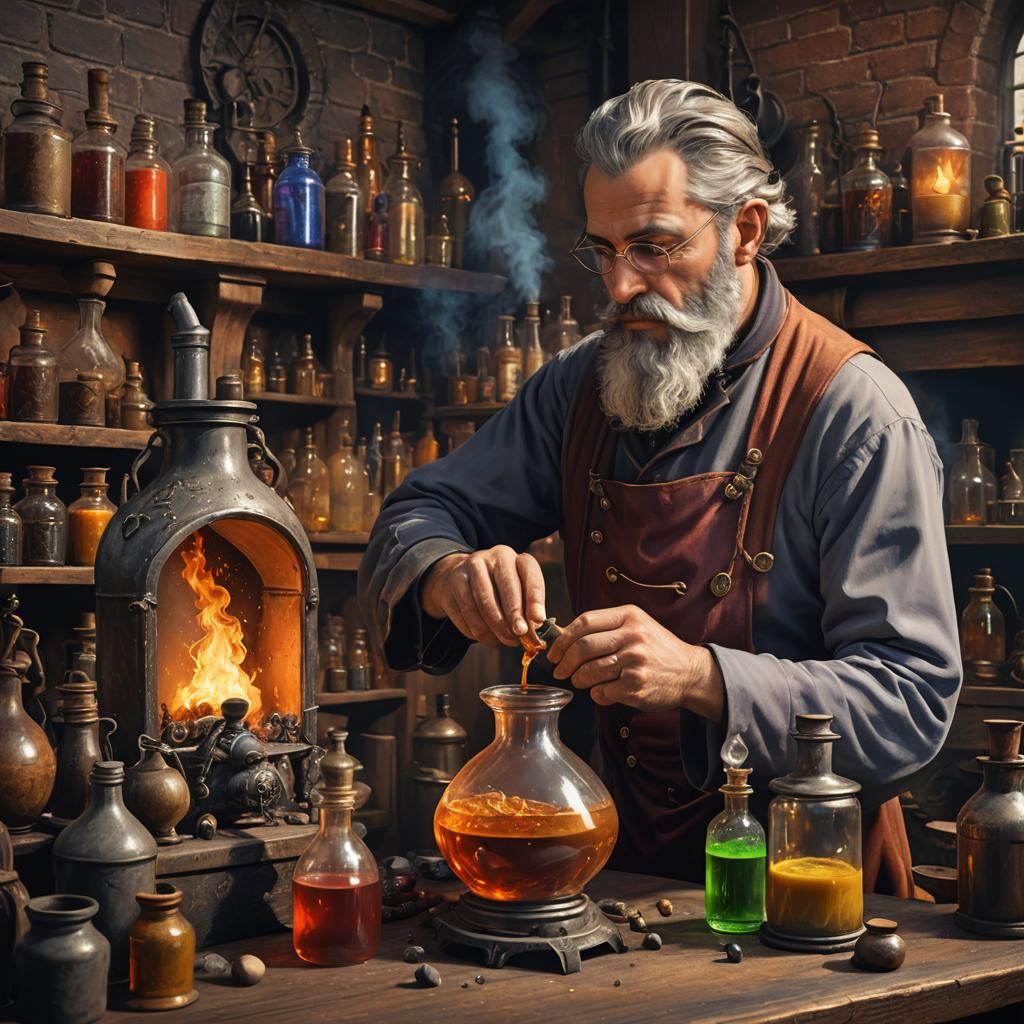 Alchemist Mixing Potions in Steampunk Workshop