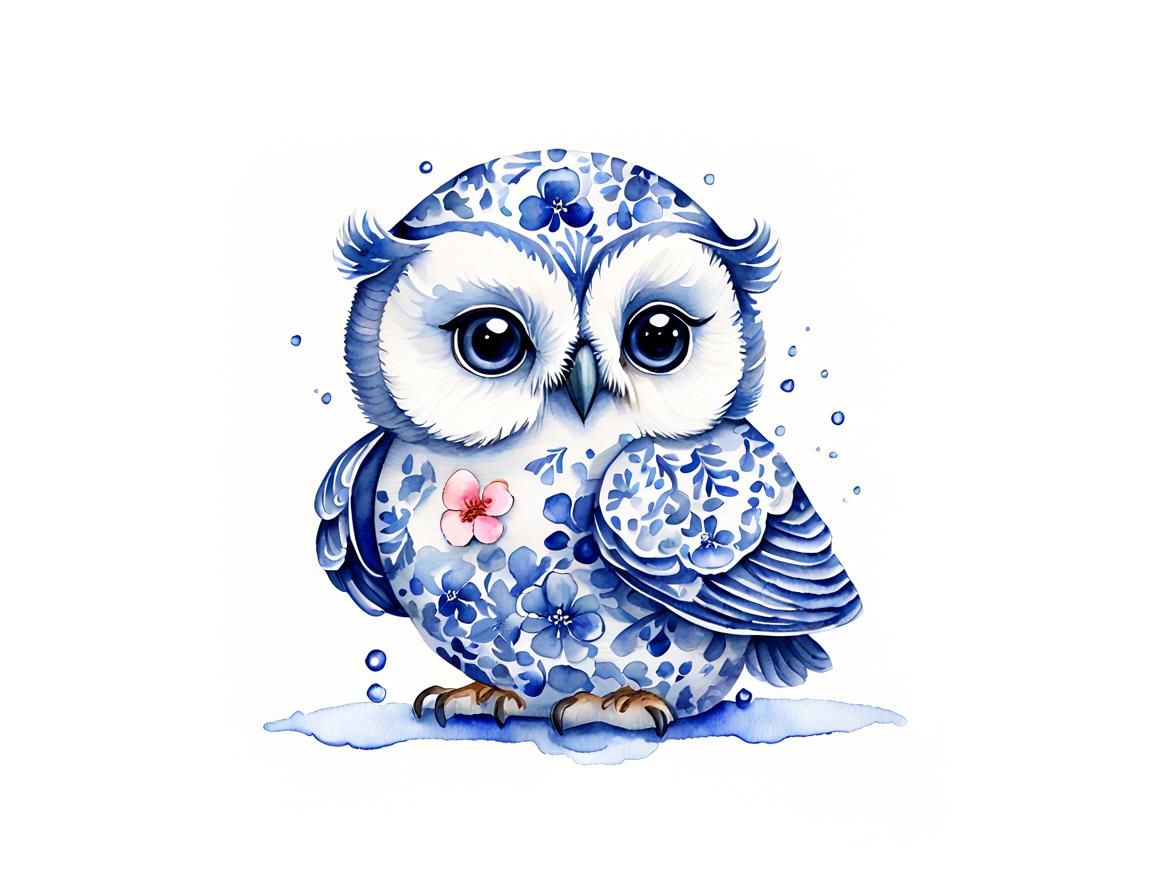Chibi Owl in Delft Blue Watercolor Illustration
