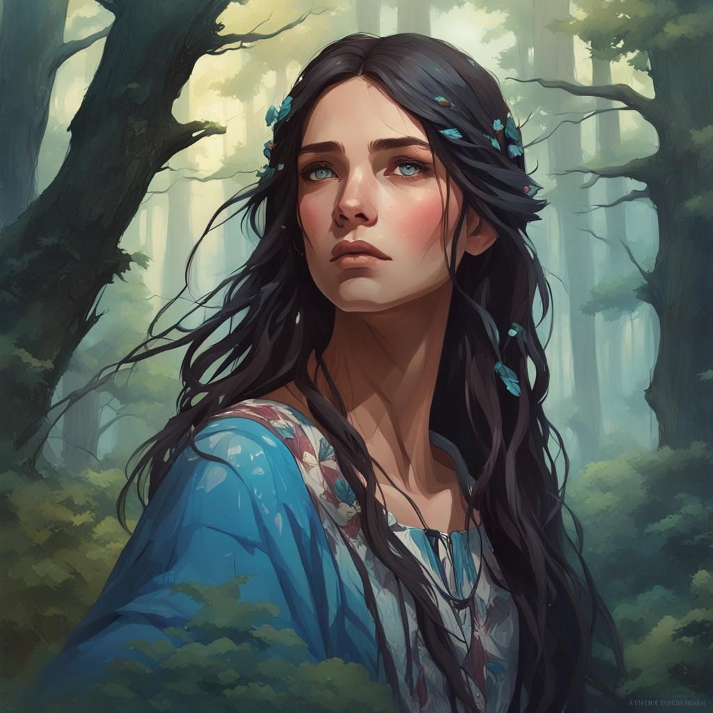 Bohemian Forest Girl Portrait in Hyperdetailed Style
