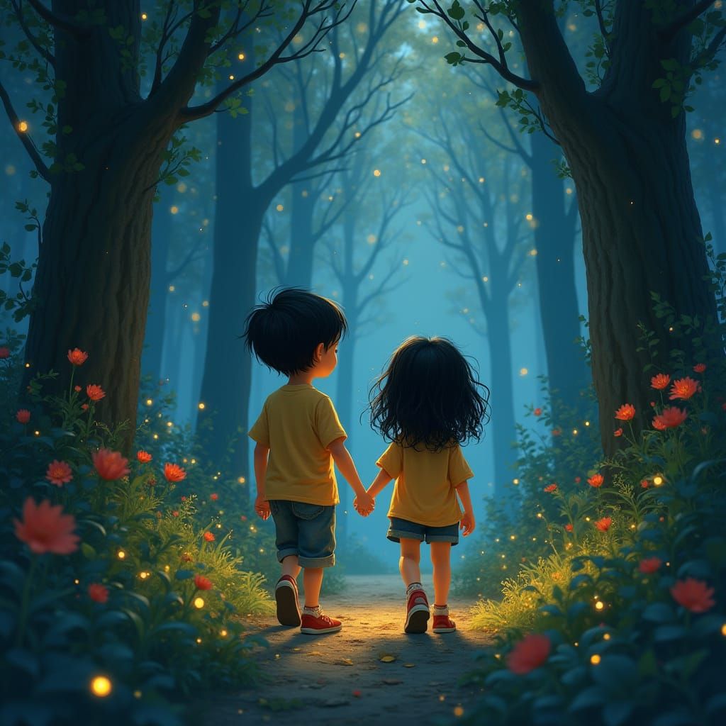 Whimsical Forest Walk in Vibrant Colors