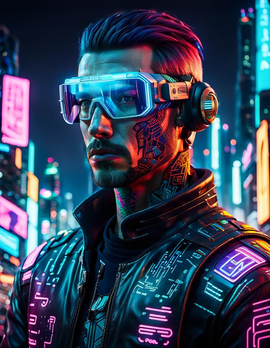 Cyberpunk Male Portrait with Neon Tattoos