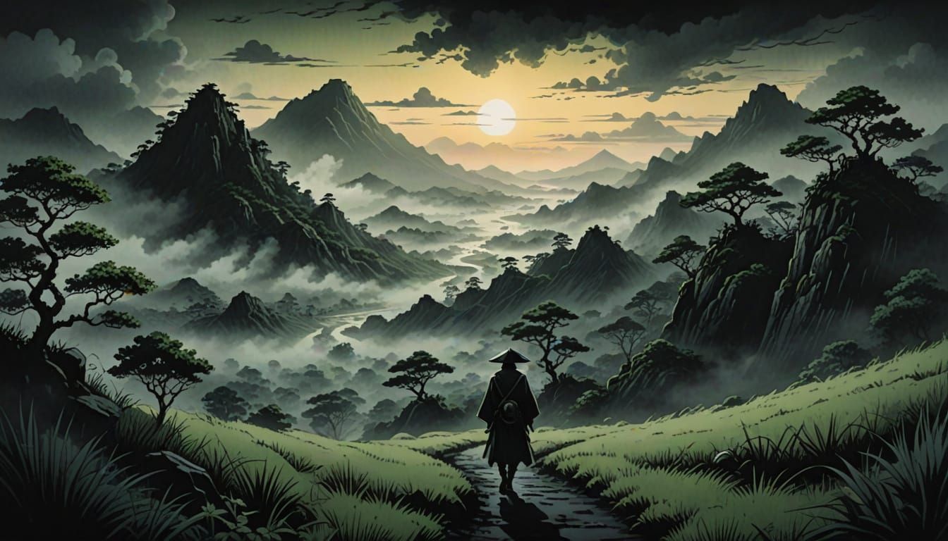 Manga-Style Figure Walks Through Foggy Green Valley