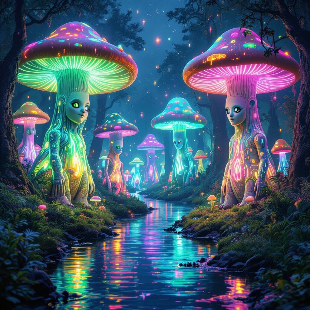Bioluminescent Mushroom People in Psychedelic Neon Forest