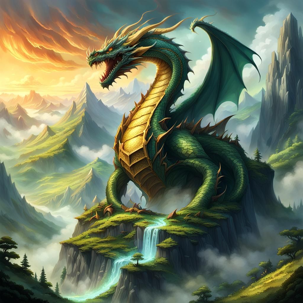 Dragon Mountain in Golden Light: A Pixar-Style Scene