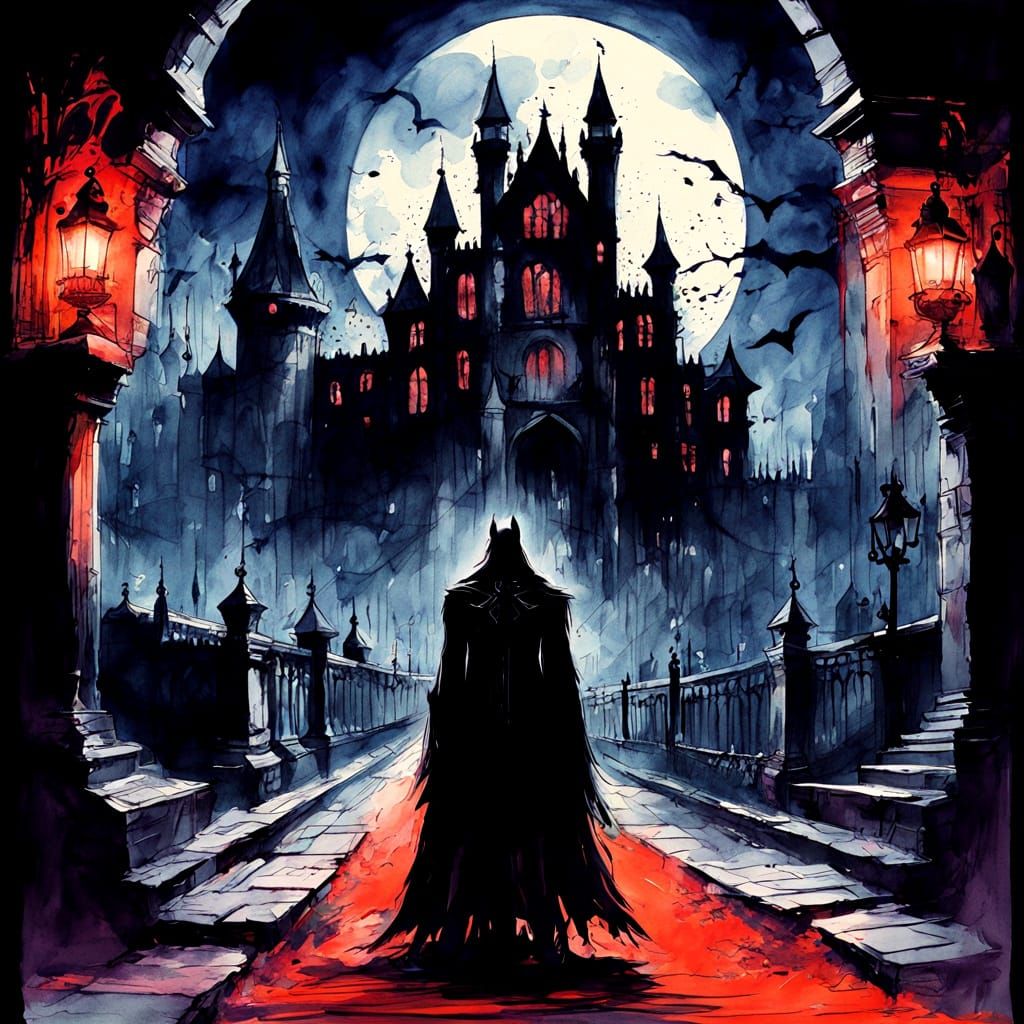 Dracula's Sinister Underground Lair in Watercolour Style