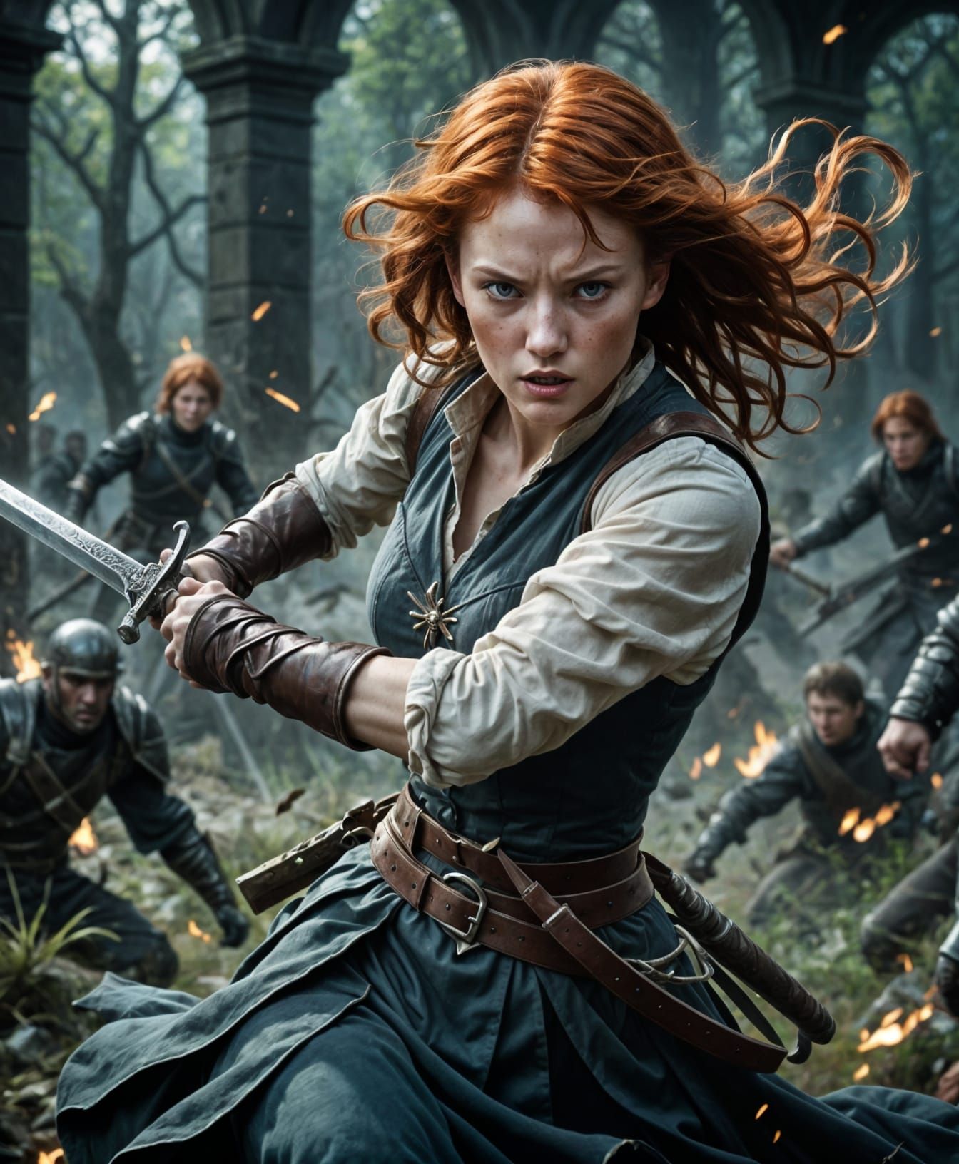 Redhead Warrior Battles Ghosts with Silver Sword