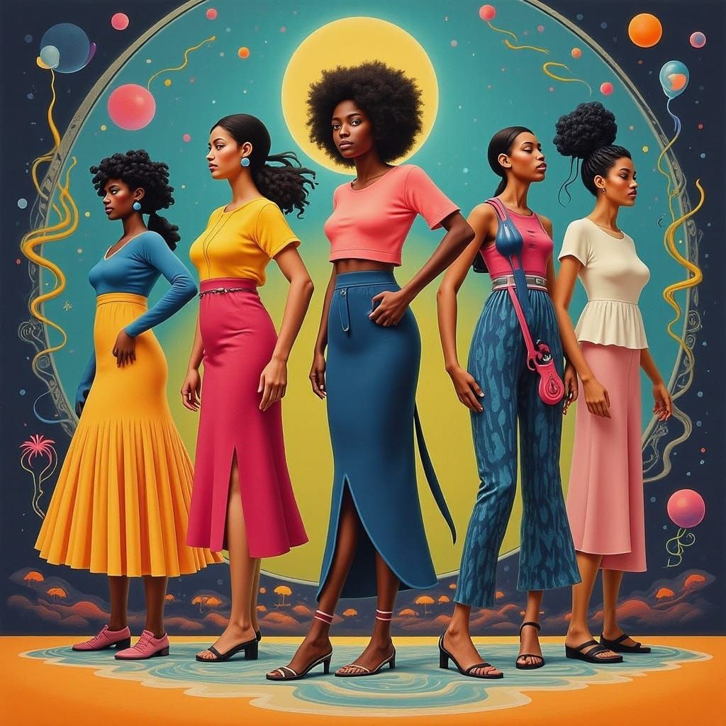 Vibrant Afro-Futurist Women in Neon Cityscape, Cyberpunk Sty...