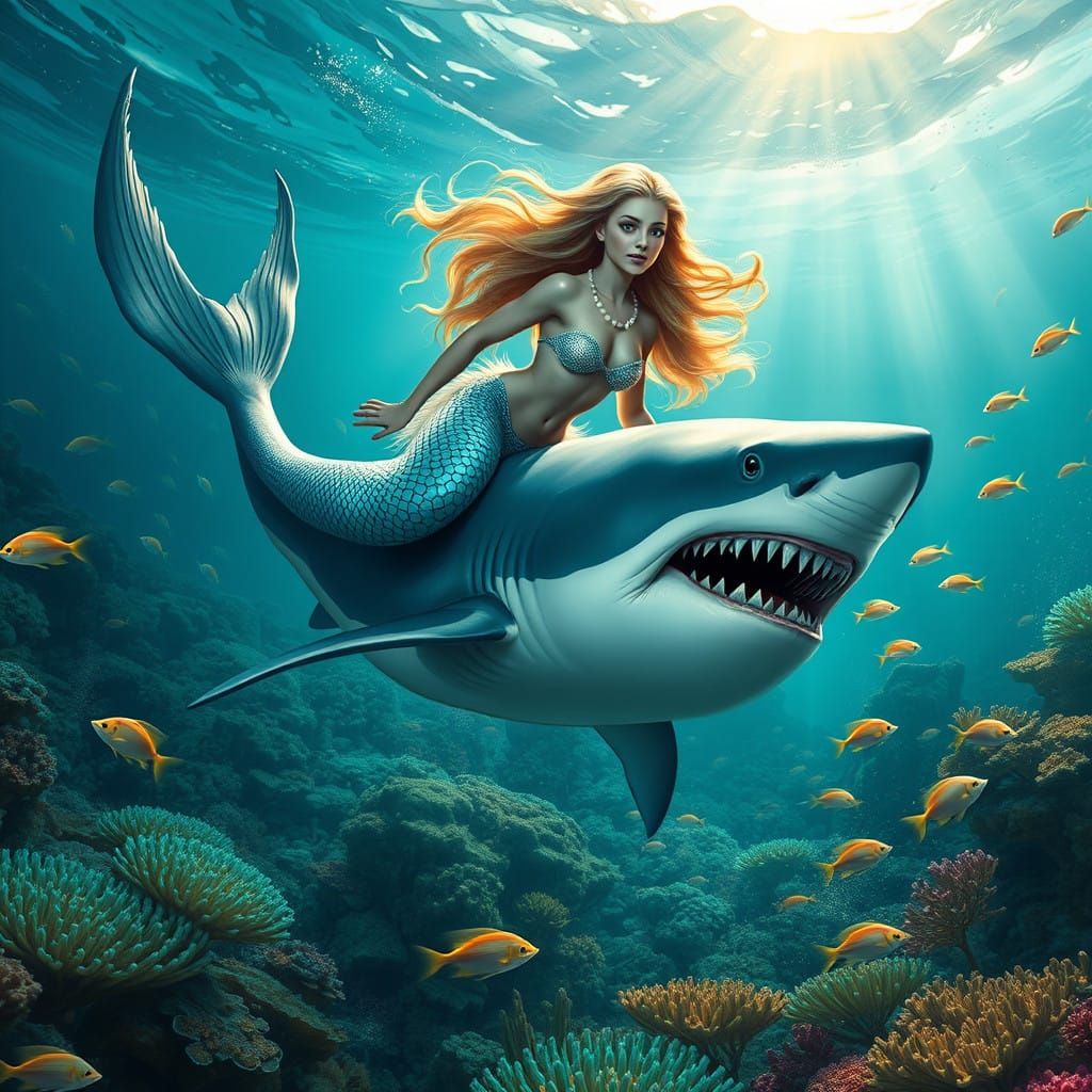 Hyper-Realistic Mermaid Rides Shark Through Vibrant Coral Re...