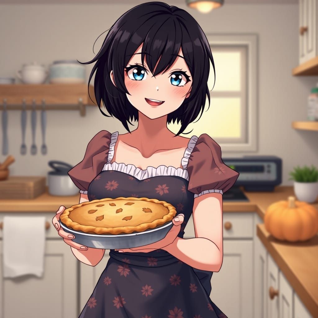 Anime Woman Holding Pie in Kitchen