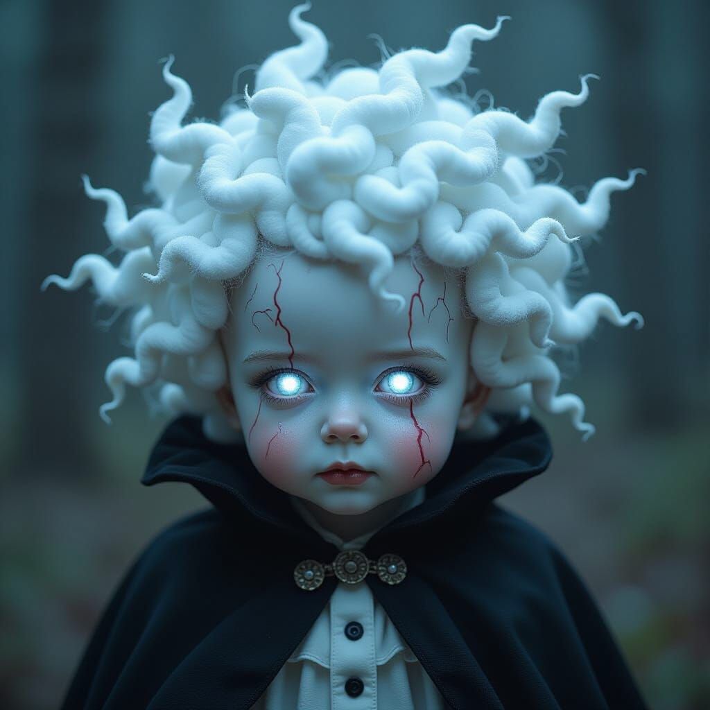 Grotesque Porcelain Baby with Storm Cloud Hair