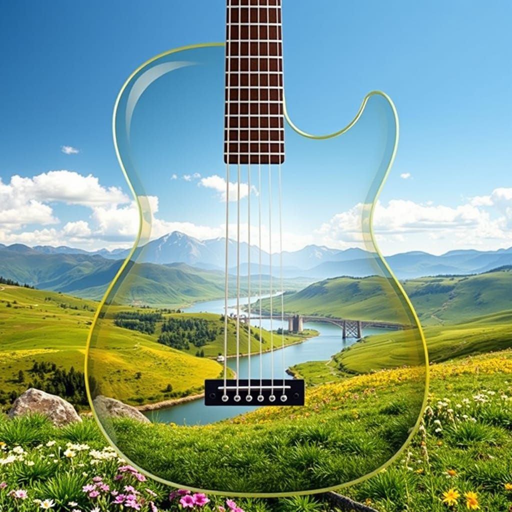 Transparent Guitar Reveals Mountain and Lake Landscape