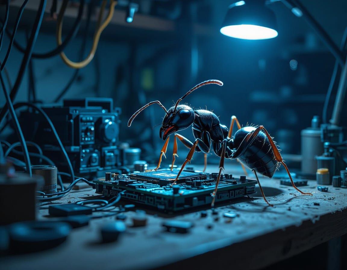 Giant Ant Builds PC in Detailed Workshop Macro Photo