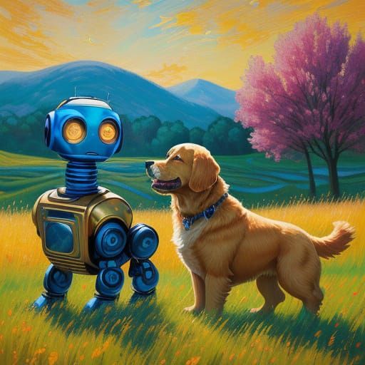 Robot and Puppy Play in Sunny Meadow - Impasto Style