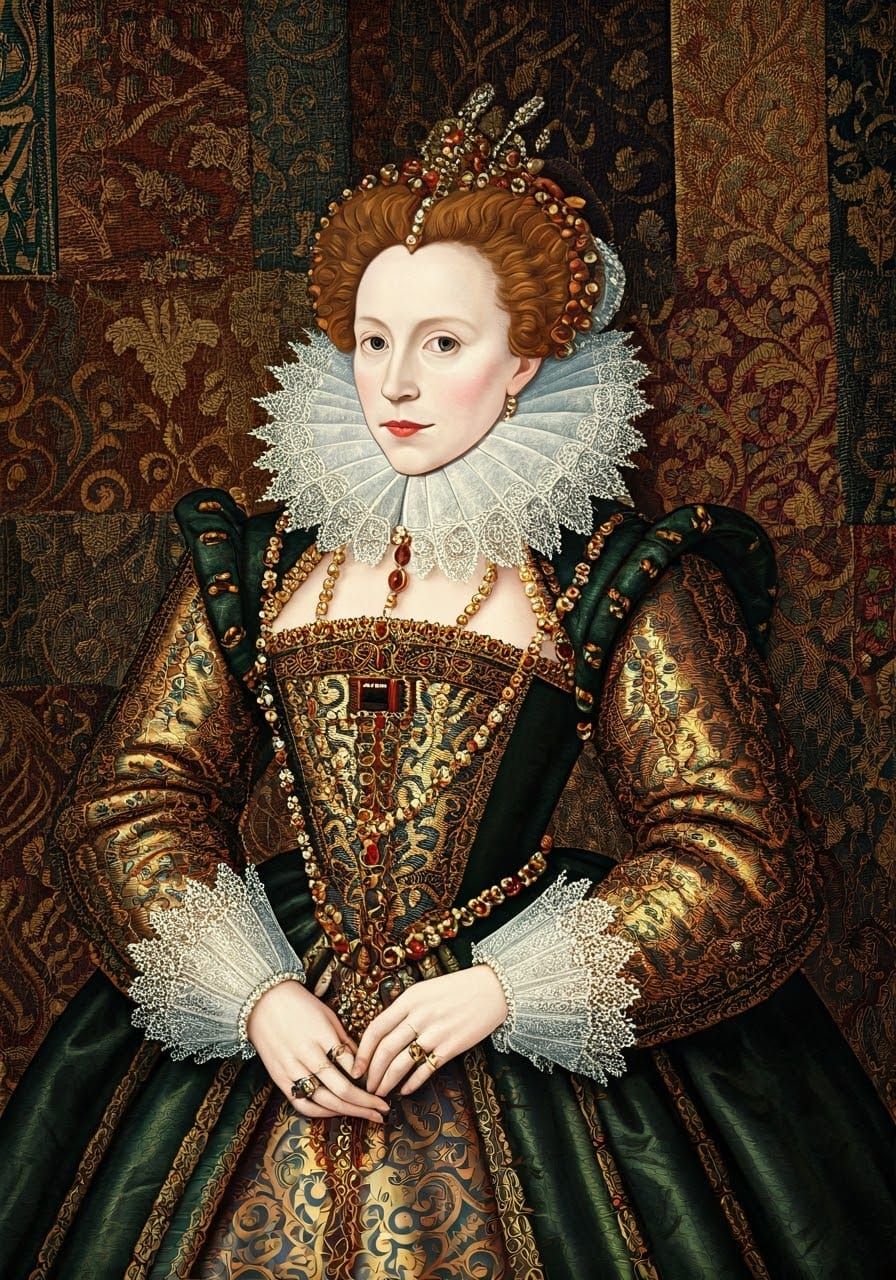 A quilted textured patchwork portrait of Elizabeth I