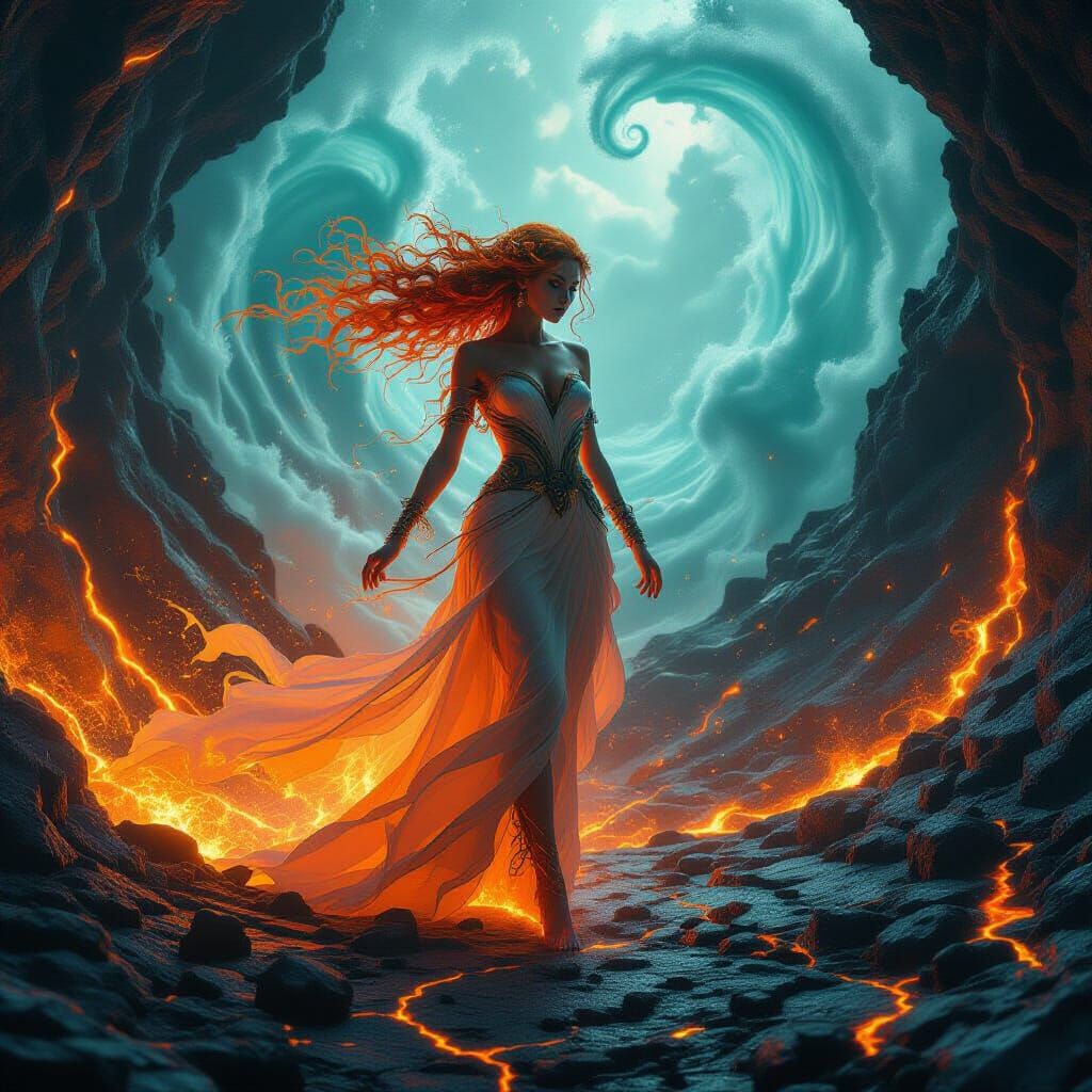 Elemental Woman Emerges from Chaos: Surreal Portrait