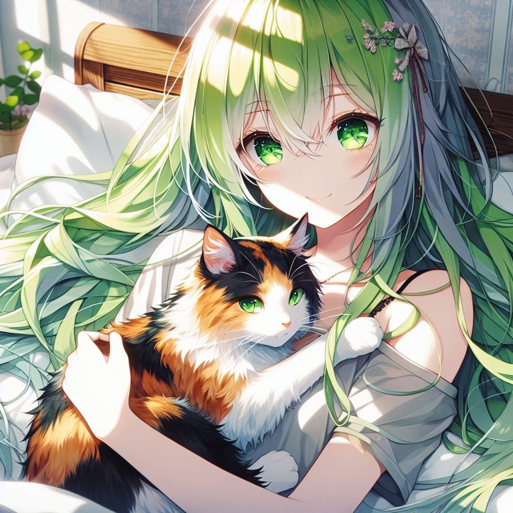 Anime Girl with Cat in Cel-Shaded Style