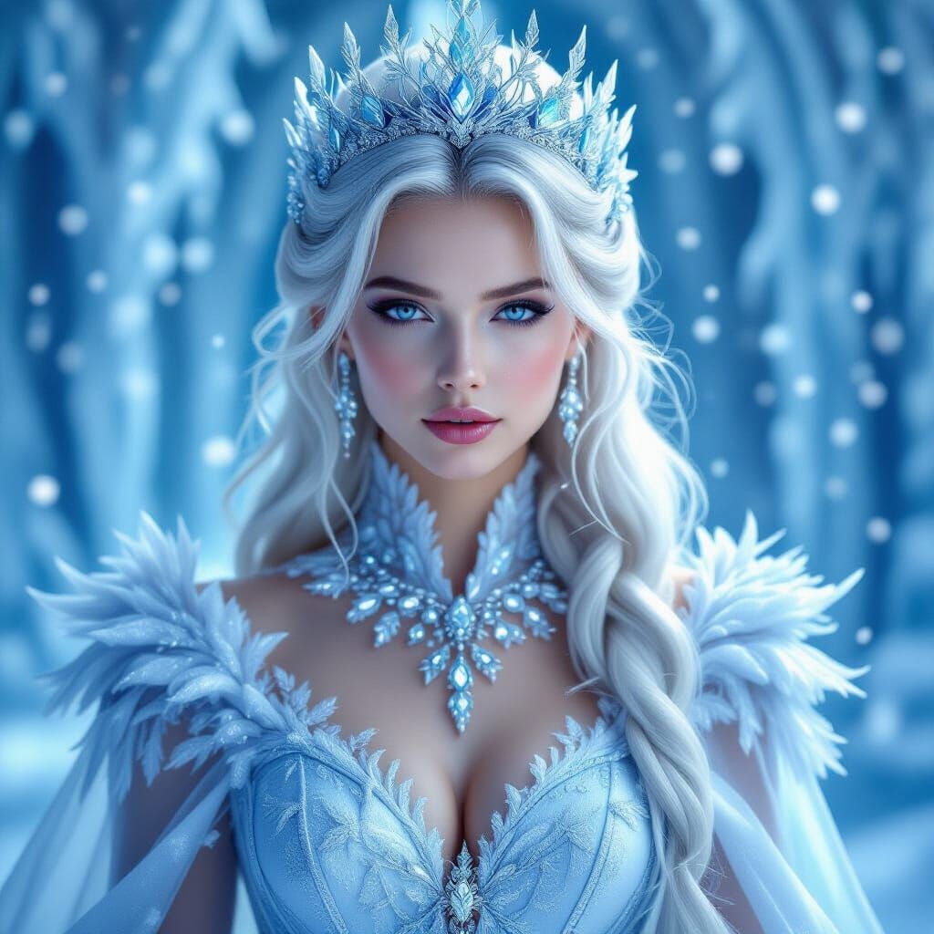 Elegant Ice Queen in Crystal Palace, Ethereal Fantasy Realis...