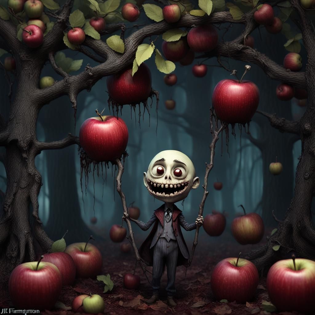 Ghoulish Apple Character in Dark Fantasy Orchard