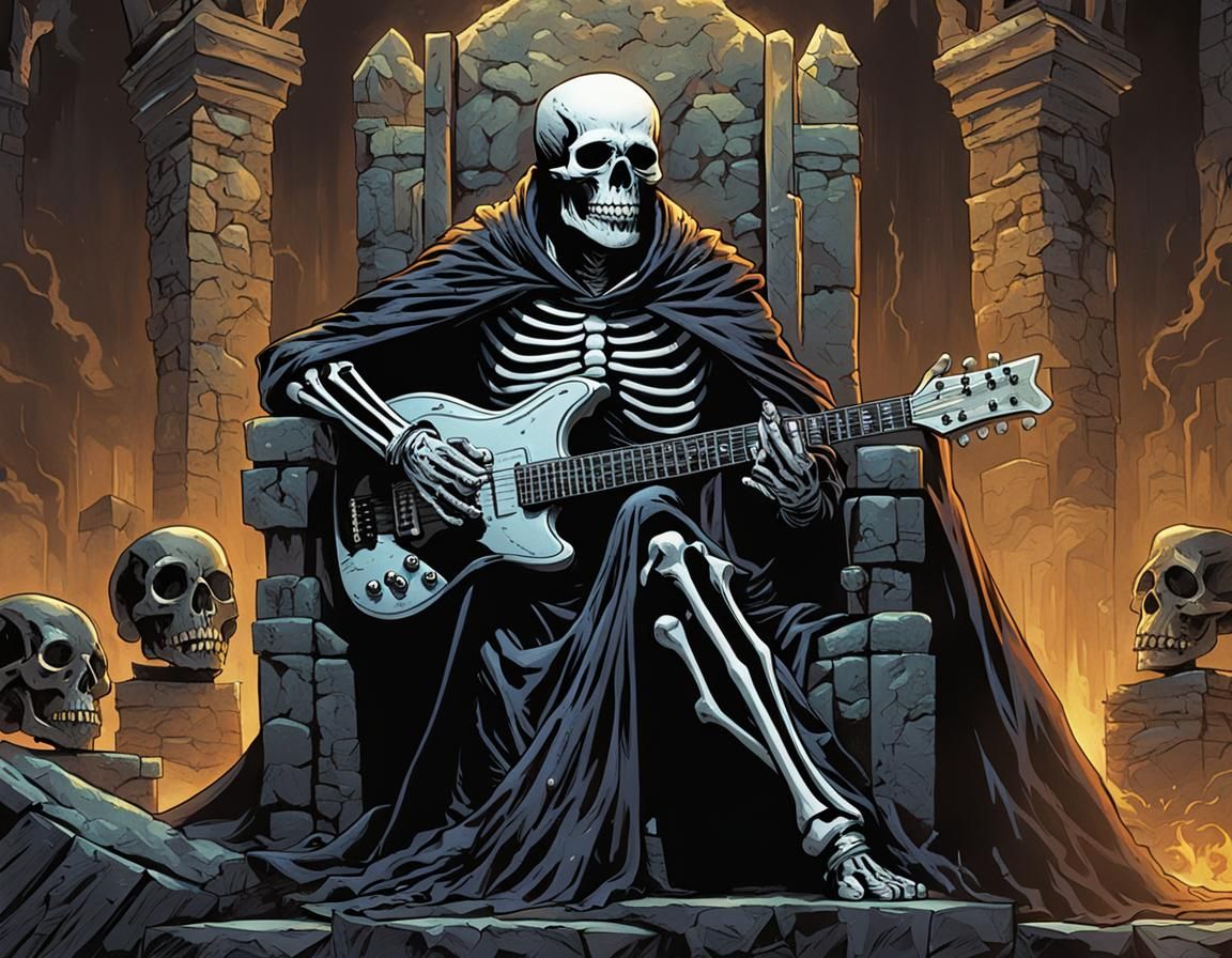 Skeleton King on Throne with Guitar, Comic Book Art