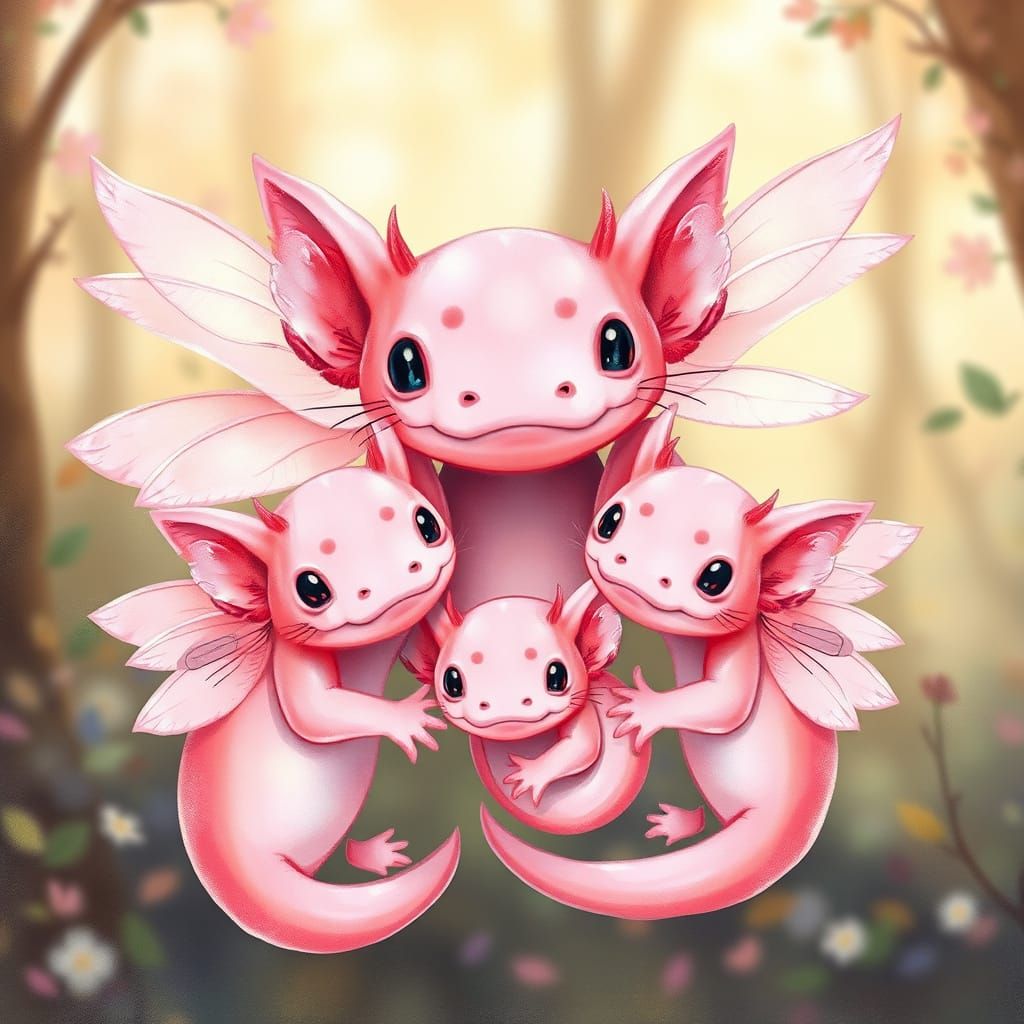 Whimsical Axolotl Family in Soft, Watercolor-Inspired Hues