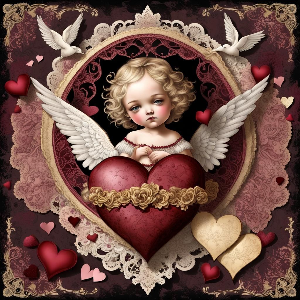 Gothic Victorian Valentine Illustration with Cherubs