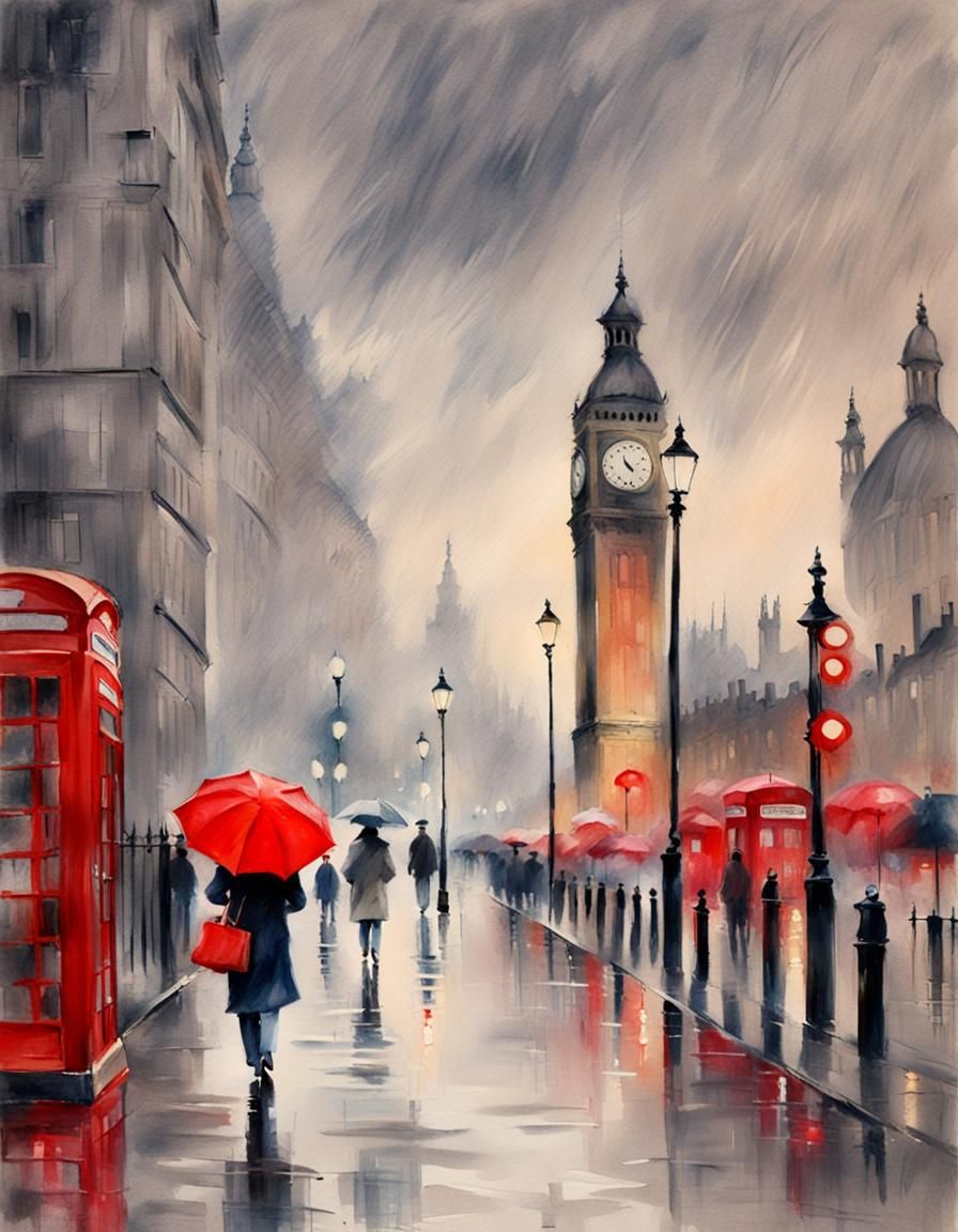 Rainy London Street Scene in Impressionist Style