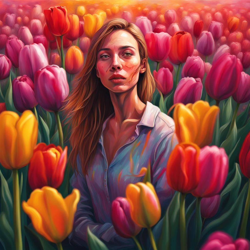 Woman Experiencing Synesthesia in Tulip Field: Splash Art