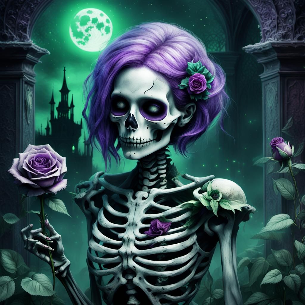 Gothic Skeleton Lady with Rose in Dark Garden