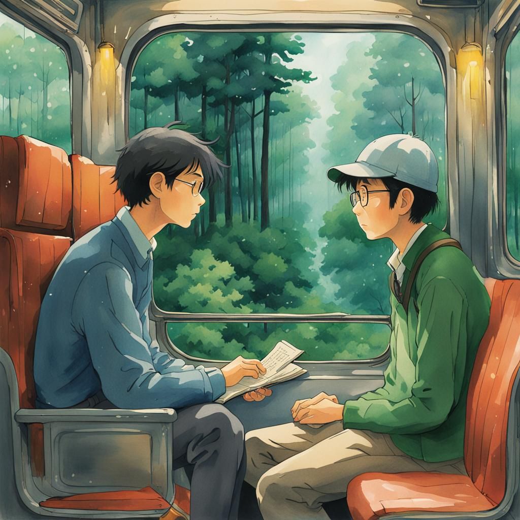 Geologists Discussing in Train, Studio Ghibli Style
